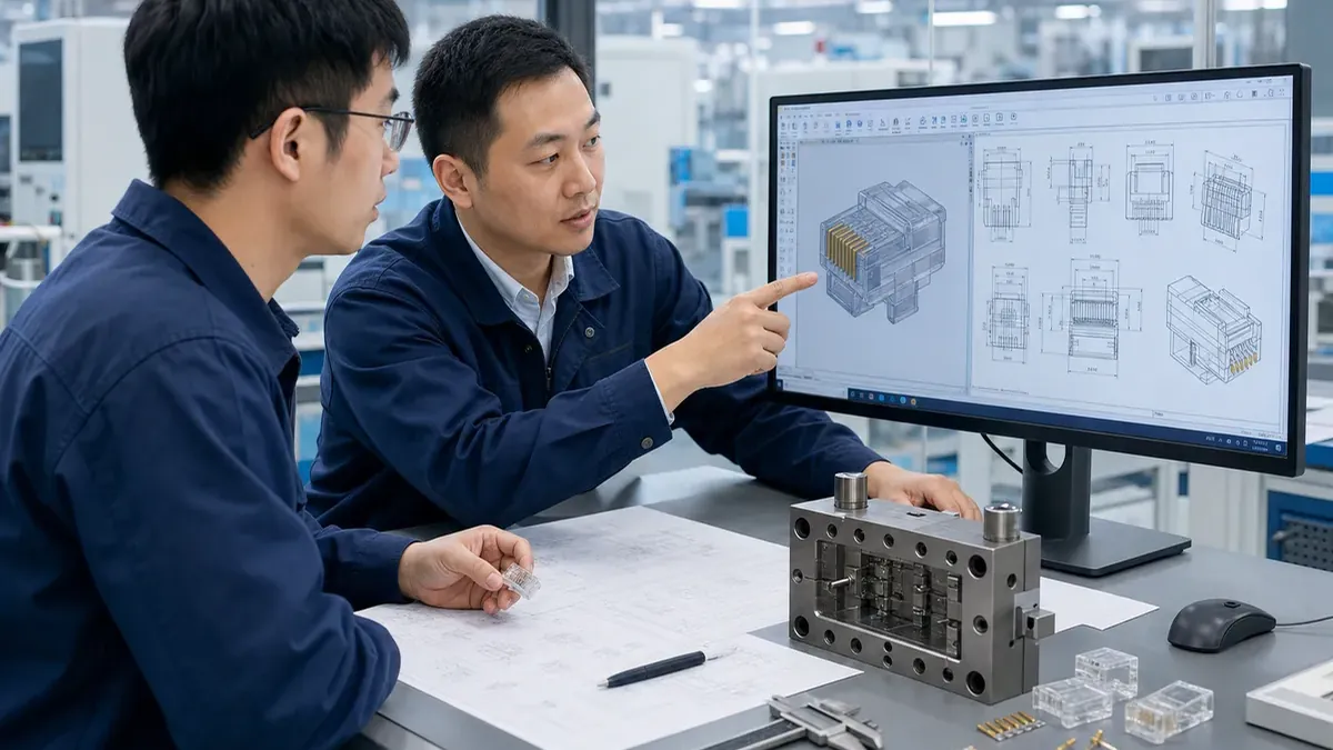 Engineering team reviewing a connector design