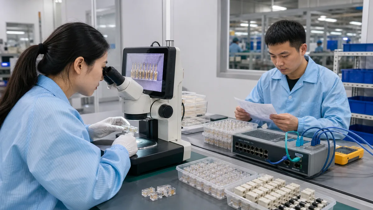 Chinese quality engineers inspecting network connector components in a Dongguan factory