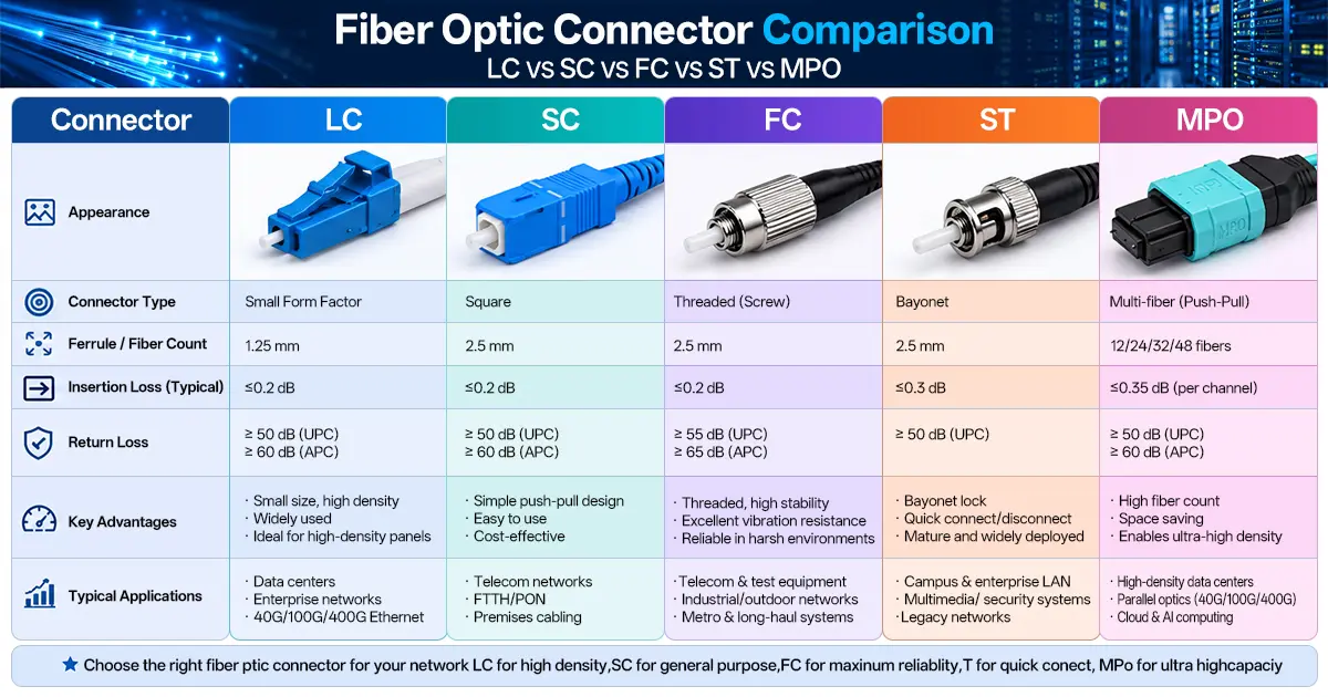 Fiber Optic Connector Types — LC SC FC ST MPO MTP