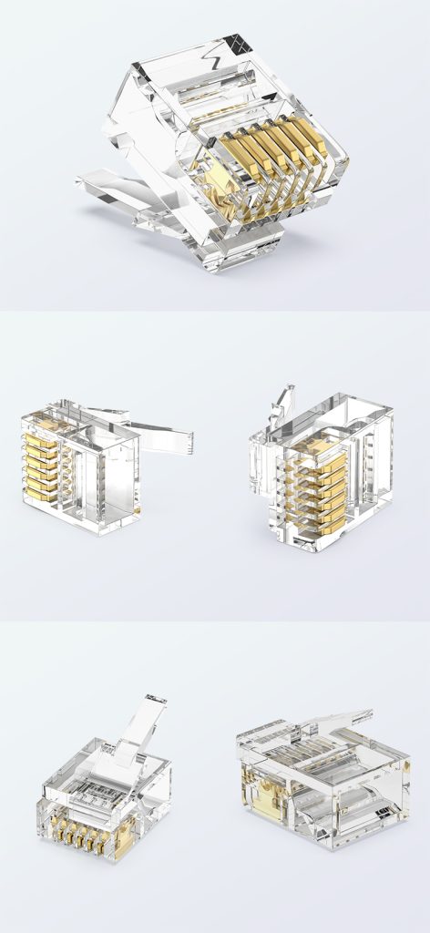 right-angle 6P6C modular plug with 1.0 mm core hole