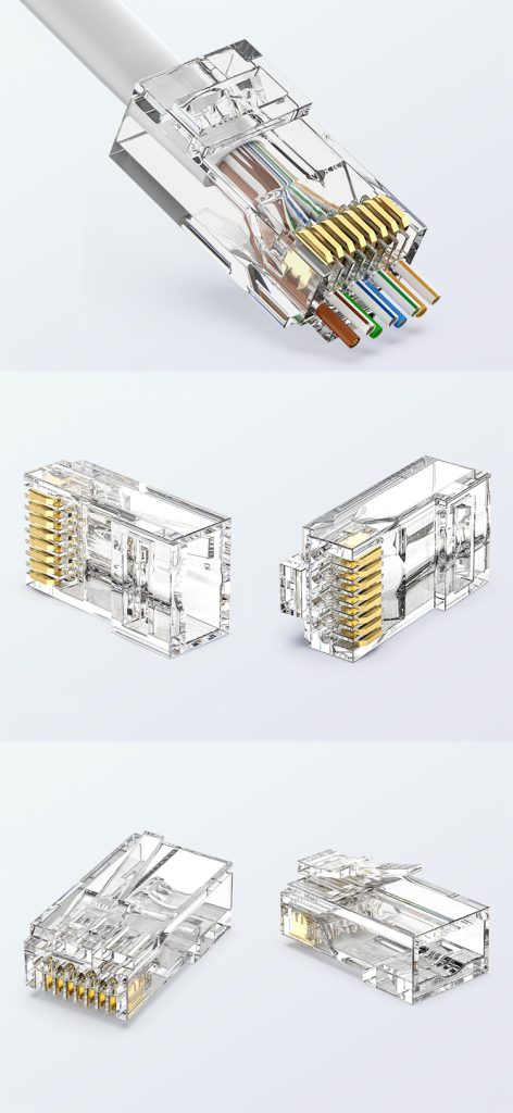 Cat6 pass-through RJ45 connector with 1.1 mm core hole