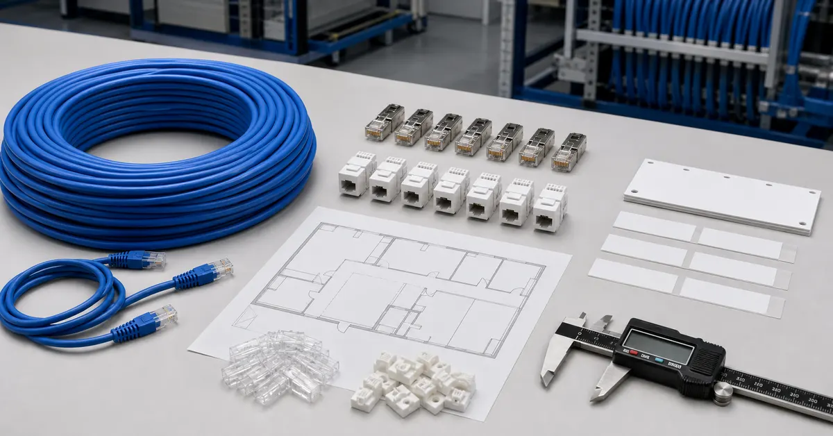 Structured cabling BOM checklist with bulk cable RJ45 plugs and keystone jacks