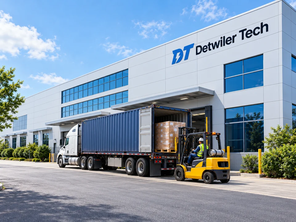 DetwilerTech export loading concept illustration with a freight truck and forklift